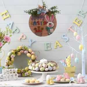 Easter Bunny Rabbit Wooden Wreaths Handmade Reusable Rustic Spring Decorations for Front Door & Wall Welcome Sign