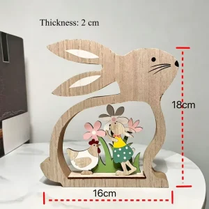 Easter Bunny Wooden Figurine Eco friendly Art Deco Home Decoration Hollowed out Three dimensional Stand Solid Wood Handicraft