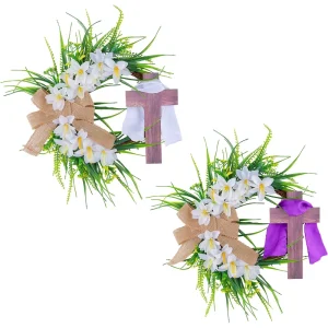 Easter Bunny Wreath with Cross Decoration Spring Front Door Hanger Wall Decor for Home and Church
