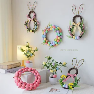 Easter Bunny Wreath with Flower Garland and Egg Wall Hanging