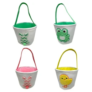 Easter Canvas Bucket Set Bunny Frog and Chick Durable and Waterproof Egg Hunt Baskets for Kids’ Easter Party and Candy Carrying