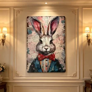 Easter Decor Primitive Rustic Victorian Bunny Metal Art Sign Anthropomorphic Rabbit Easter Wall Art Unframed