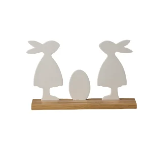 Easter Decoration Flat Shape Ceramic Easter Rabbit White Porcelain Rabbit with Wooden Based