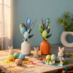Easter Decorations Foam Easter Eggs with Artificial Flower Accents Holiday Table Centerpiece Set for Home Decor