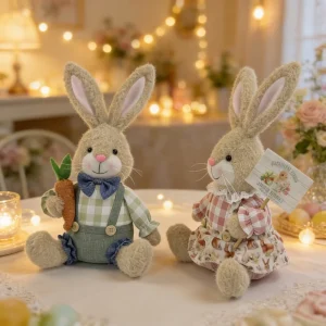 Easter Decorations for Home Spring Straw Bunny Couple Farmhouse Centerpieces for Tables Easter Rabbits Decor