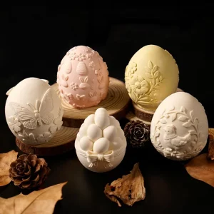 Easter Egg shaped Plastic Candle & Cake Mold with Embossed Butterfly Four leaf Grass Hen Pattern 6*6cm 200C Heat Resistant