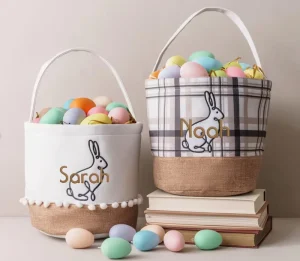 Easter Gingham Braided Rope Strap Child Portable Durable Bunny Pouches Candy Baskets Gift Bags