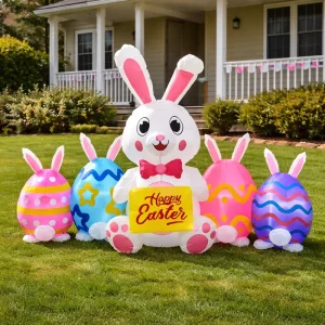 Easter Inflatable Bunny with LED Lights Colorful Eggs Blow up Spring Holiday Decor