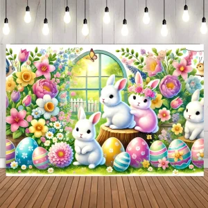 Easter Party Backdrop with Spring Garden Grass Rabbit Egg and Flower Design