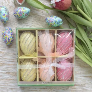 Easter Pastel Yellow Pink Beaded Egg Ornaments Home Decor 6pc