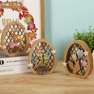 Easter Rabbit Figurine Decor Hollowed Out Wooden Carved Design for Home & Party Decoration