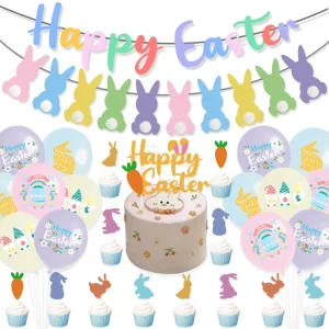 Easter Rabbit and Egg Banner Garland with Pull Flags and Spiral Balloons