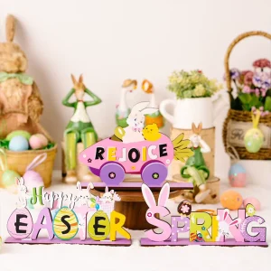 Easter Spring Home & Party Decor Easter Colorful Bunny & Egg Designs Wooden Signs Festive Easter Table Decor