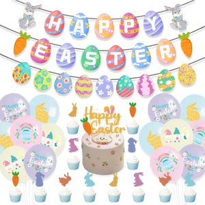 Easter Themed Round Paper Egg Pull Flags Cake Topper Set for Party and Festival Decorations