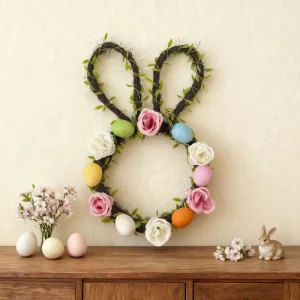 Easter Wedding Decorations Nonwoven Fabric Rabbit Ear Colorful Egg Wreath Hanging Ornament Indoor Outdoor Spring themed Decor
