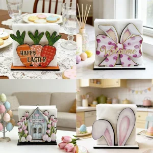 Easter Wooden Napkin Holder Bunny Carrot Floral Kitchen Tissue Stand Happy Easter Tabletop Decorative Paper Towel Organizer