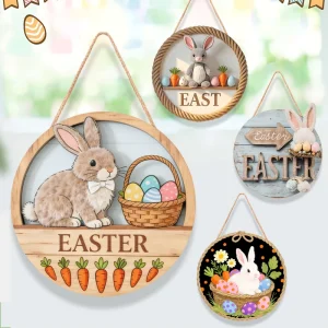 Easter Wooden Round Doorplate Rabbit Egg Hanging Ornament Decorative Easter Wood Sign Home Door Decor