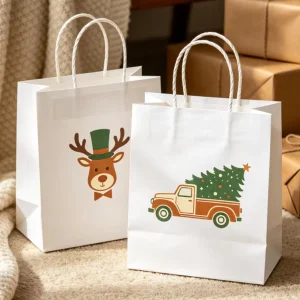 Eco Biodegradable White Kraft Christmas Paper Bags Full Color Festive Print Handheld Tote Bags for Holiday Packaging