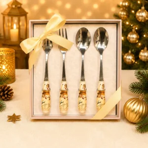 Eco Friendly Autumn Deer Print 4 Piece Spoons and Forks Gift Box Stainless Steel Dessert Coffee Fork Set