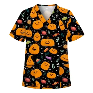 Eco Friendly Breathable Unisex Scrubs Uniform Short Sleeve Cartoon Graffiti Holiday Style Scrub Tops
