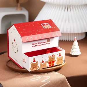 Eco Friendly Christmas House Shaped Rigid Drawer Grey Board Gift Box Candy Ready Stock Low MOQ for Holiday Candy Wedding Favors