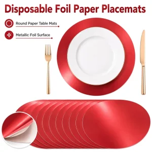 Eco Friendly Disposable Foil Paper Round Custom Logo Placemats Metallic Red Commercial Grade Wedding Banquet Event Decoration