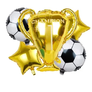 Eco Friendly Foil Round Gravure Printed Sports Theme Party Balloons Set Golden Trophy Blue Football Birthday Celebration