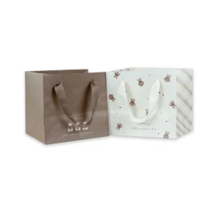 Eco Friendly Luxury Paper Gift Bag with Teddy Bear Design Thick Matte Brown Paper Tote Bag with Ribbon Handle for Retail Gifts