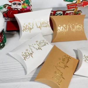 Eco Friendly Merry Christmas Tree Gold Foil Brown White Small Folding Candy Cookies Kraft Paper Pillow Gift Packaging Boxes