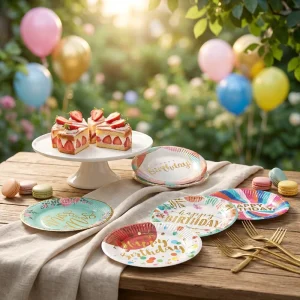Eco Friendly Printed Disposable Paper Plates Bulk Pack Colorful Birthday Party Supplies Festive Cake Dessert Tableware