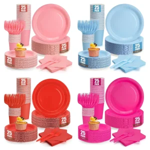 Eco Friendly Solid Color Disposable Dinnerware Set Pink Blue Red Party Tableware for Wedding Bridal Shower Event Decor