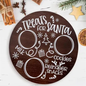 Eco Friendly Wooden Round Christmas Tray with Reindeer and Santa Design for Snacks and Cookies