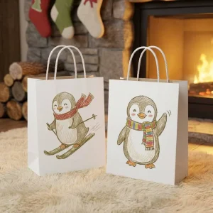 Eco Recycled White Kraft Holiday Tote Bags Standard Christmas Print Hand Bags for General Holiday Packaging