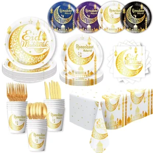 Eid Al Fitr Festive Decorations Disposable Party Tableware Set Picnic Dinner Moon Star Lanterns Holiday Party Tableware