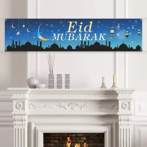 Eid Mubarak Decorations Banner Muslim Ramadan Party Supplies Blue Eid Mubarak Celebration Backdrop Decoration