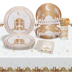 Eid Mubarak Party Supplies Ramadan Tableware Disposable Paper Plates Tablecloth Muslim Islamic Festival