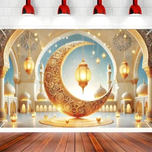 Eid Mubarak Ramadan Backdrop Banner 5.9×3.6ft Polyester Customizable Pattern Muslim Islamic Festival Patio Party Decoration