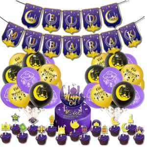 Eid Mubarak Ramadan Party Favors Decoration Muslim Balloons Banner Cake Topper Kit for Eid Decorations