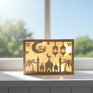 Eid Muslim Ramadan Decoration Moon shaped Wooden Night Light Party LED Candles for Decor