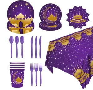 Eid Tableware Mubarak Dinner Dessert Plates Set Islamic Muslim Eid ul fitr Moon Star Festival Party Plates Napkins Supplies