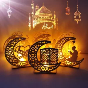 Eid Wooden Ornaments Muslim Festival Table Mubarak LED Light Ramadan Decorations