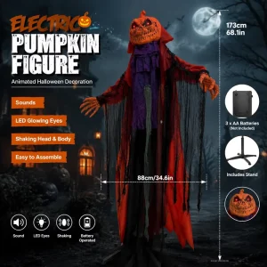 Electric Halloween Pumpkin Man Animatronic Decor Standing Swinging with Glowing Red Eyes Sound Motion Battery Powered Outdoor