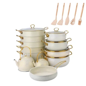 Elegant 24PCS Speckled Aluminum Kitchen Set 20 30CM Soup Pot Gold Detail Tableware Boutique Appliance Distribution B2B Market