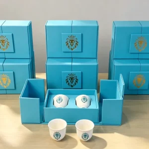 Elegant Blue Double Door Presentation Gift Box Custom Gold Foil Tea Cup Packaging Box for Business VIP Corporate Gift Boxes