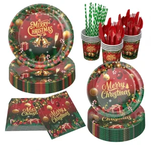 Elegant Christmas Dinnerware Set Disposable Paper Plates Cups Napkins for Holiday Party Buffet Events