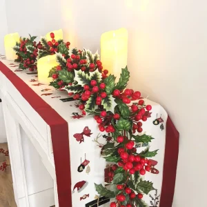 Elegant Collection of Christmas Artificial Red Fruit Vine Garland and Wreaths for New Year Valentine’s Day Outdoor Decorations