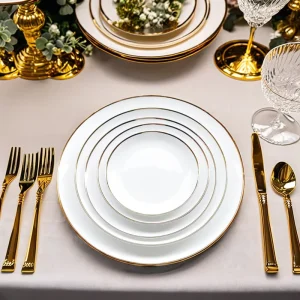Elegant Eco Friendly Gold Rim Porcelain Dinner Plates High End Food Grade Dishwasher Safe for Housewarming Gifts Banquet Table