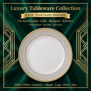 Elegant Gold Trim Melamine Dinnerware Round Plates 8 Inch Luxury for Cafe Diner Gift Christmas Holiday Festive Floral Dining