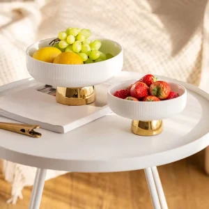 Elegant High Foot Ceramic Serving Dish Set Two Sizes Gold Stand Minimalist Home Decor Candy Nut Holder For Kitchen Dining