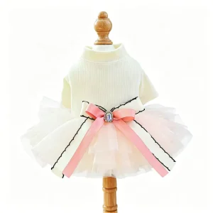 Elegant Knitwear Base Formal Occasion Birthday Event Ribbon Accented Tulle Tutu Skirt Pet Costume Sets